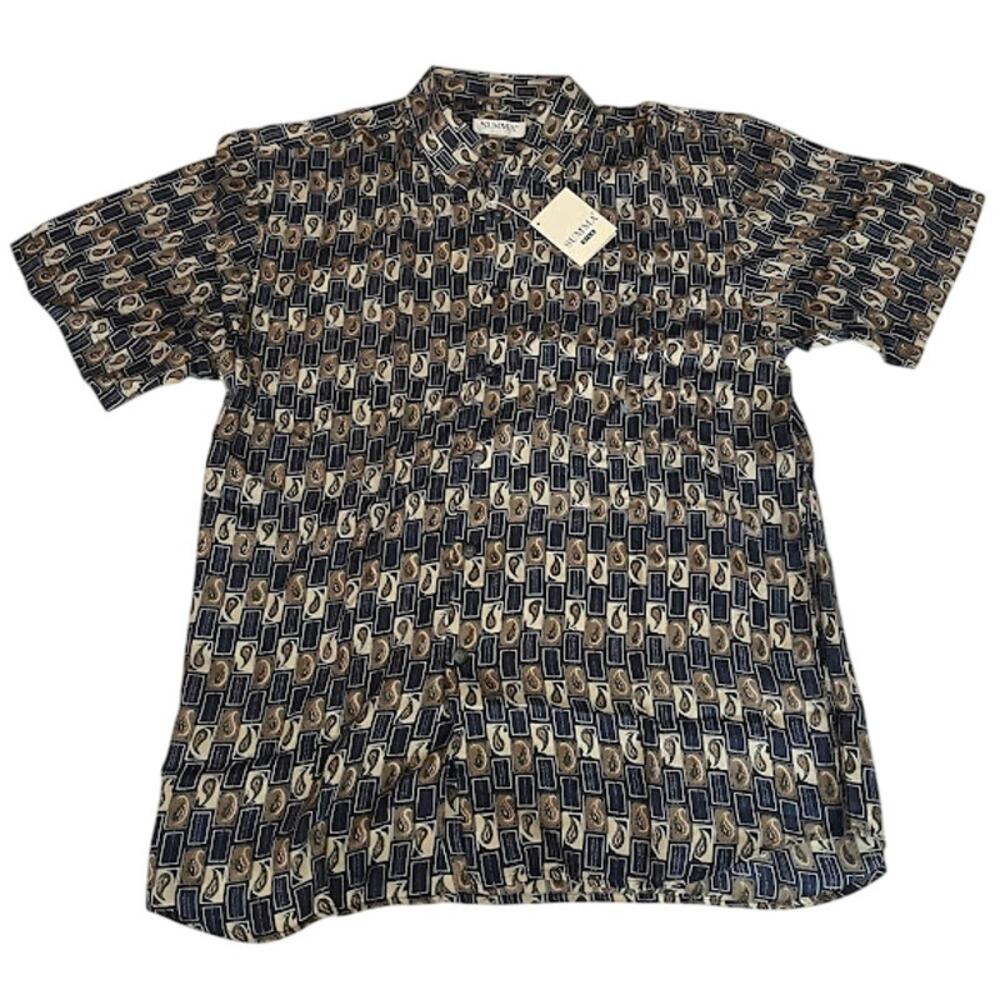 VTG NWT 80s Summa Shirt Silk Mens Navy Cream Tan Paisley Geometric Sz M
